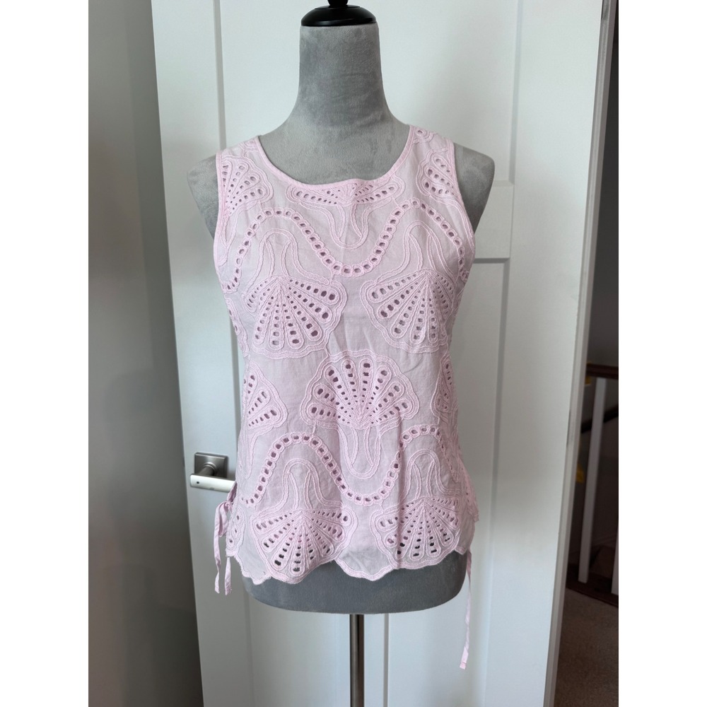 33 Coastal Pink Eyelet Cotton Tank Top Sleeveless Scalloped Hem Side Ties Large